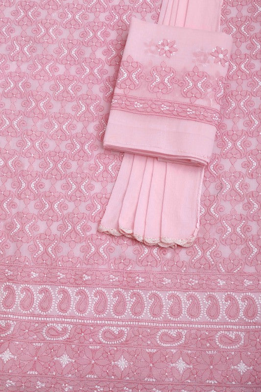 Ada Hand Embroidered Pink Cotton Lucknowi Chikan Unstitched Suit Piece–A100179