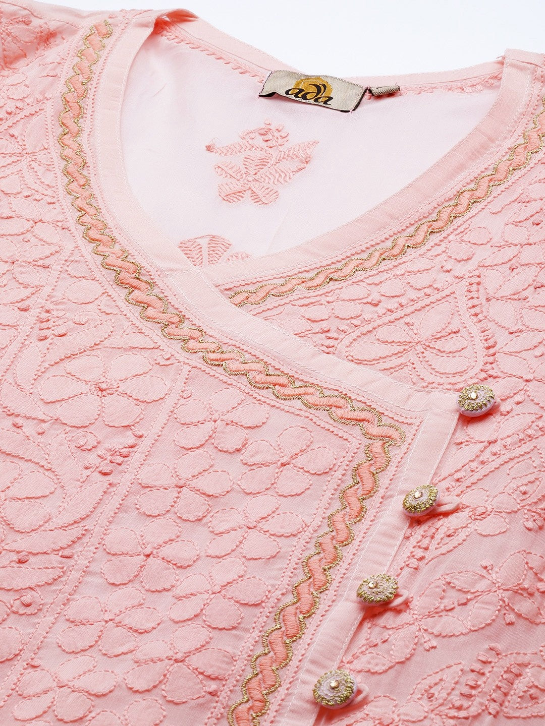 Ada Hand Embroidered Peach Cotton Lucknow Chikan Kurta-A411253