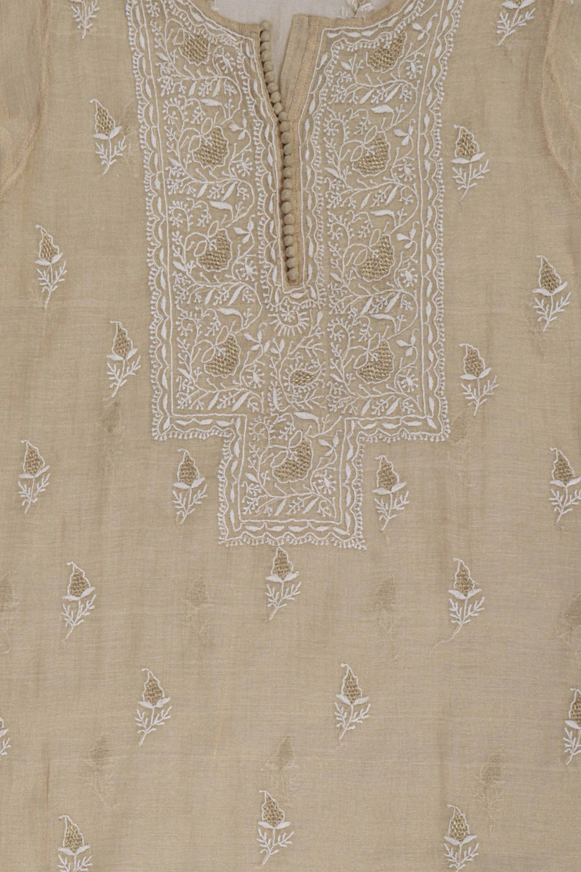 Ada Hand Embroidered Natural Fawn Tissue Lucknowi Chikankari Semi stitched Anarkali Kurta Dupatta Set With Zari Work 01A224436
