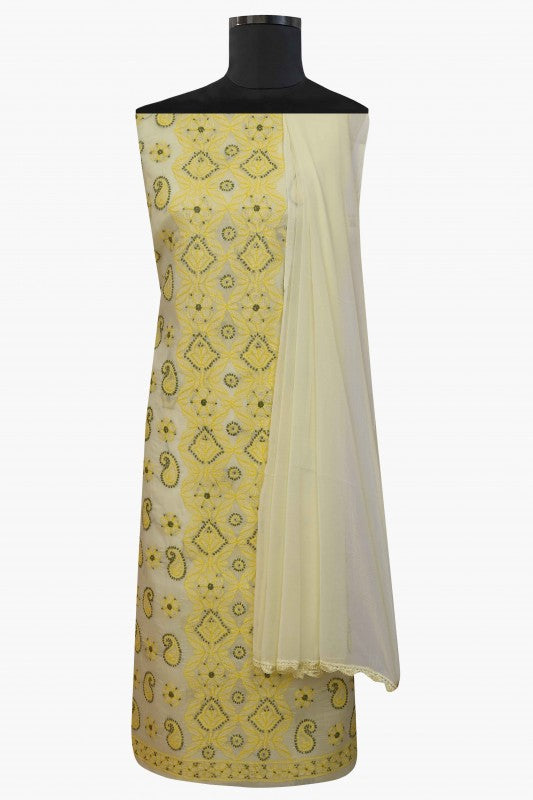 Ada Hand Embroidered Lemon Cotton Lucknowi Chikan Unstitched Suit Piece–A100168
