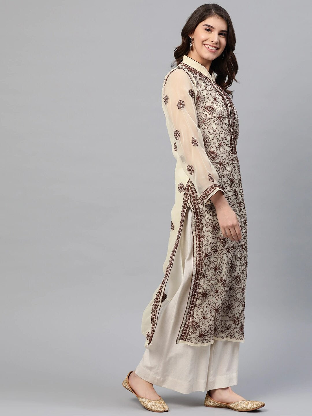 Ada Hand Embroidered Fawn Georgette Lucknowi Chikankari Straight Kurti with Slip A225189