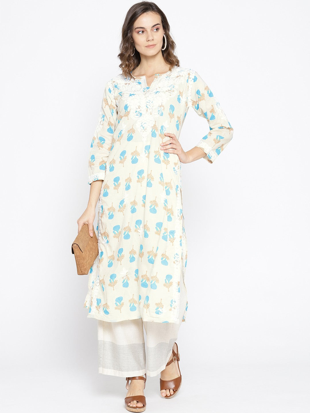 Ada Hand Embroidered Fawn Blue Cotton Lucknow Chikankari Kurta- A100028