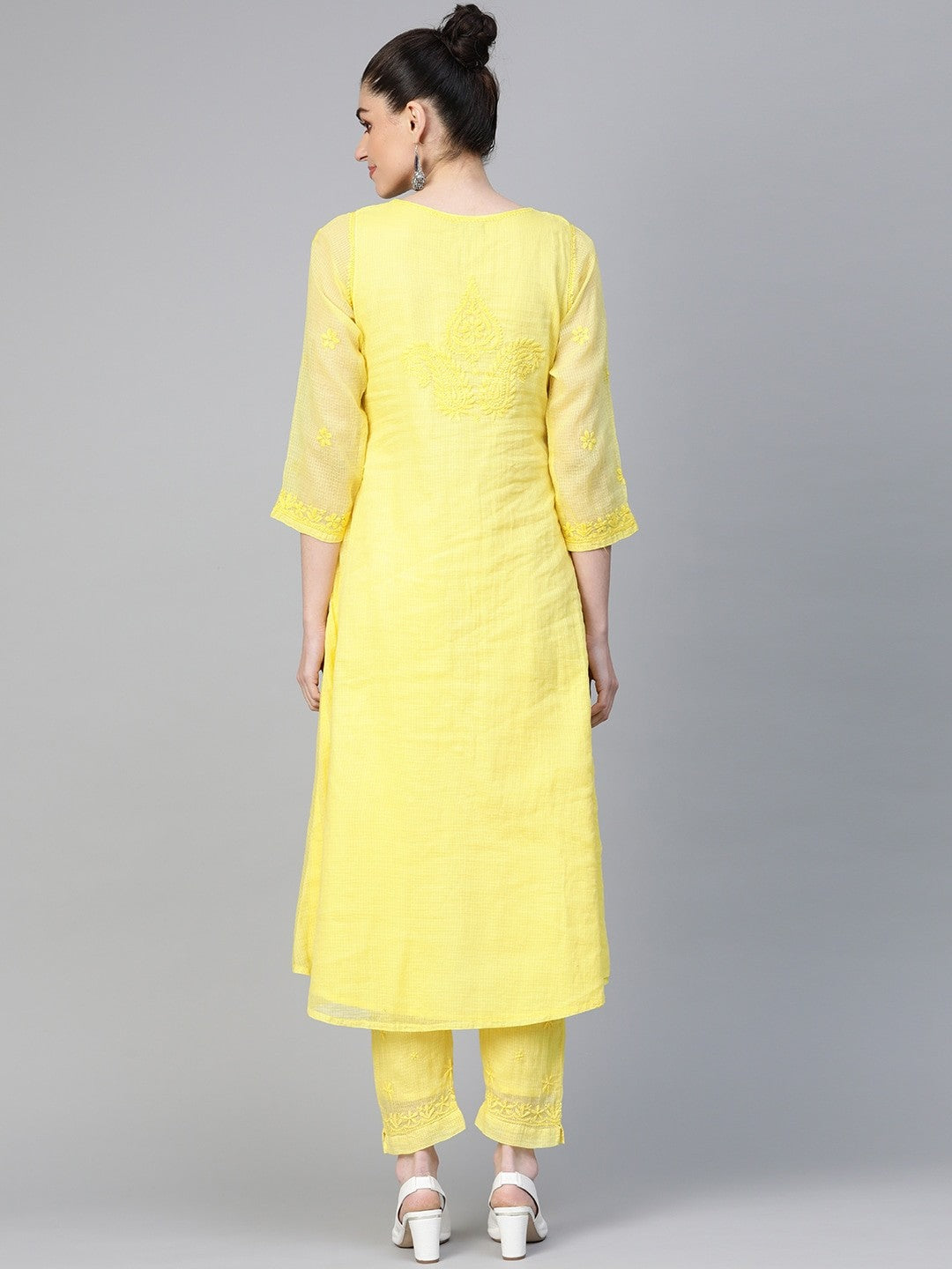 Ada Hand Embroidered Yellow Kota Lucknowi Chikankari Kurta with Trouser Set A811145