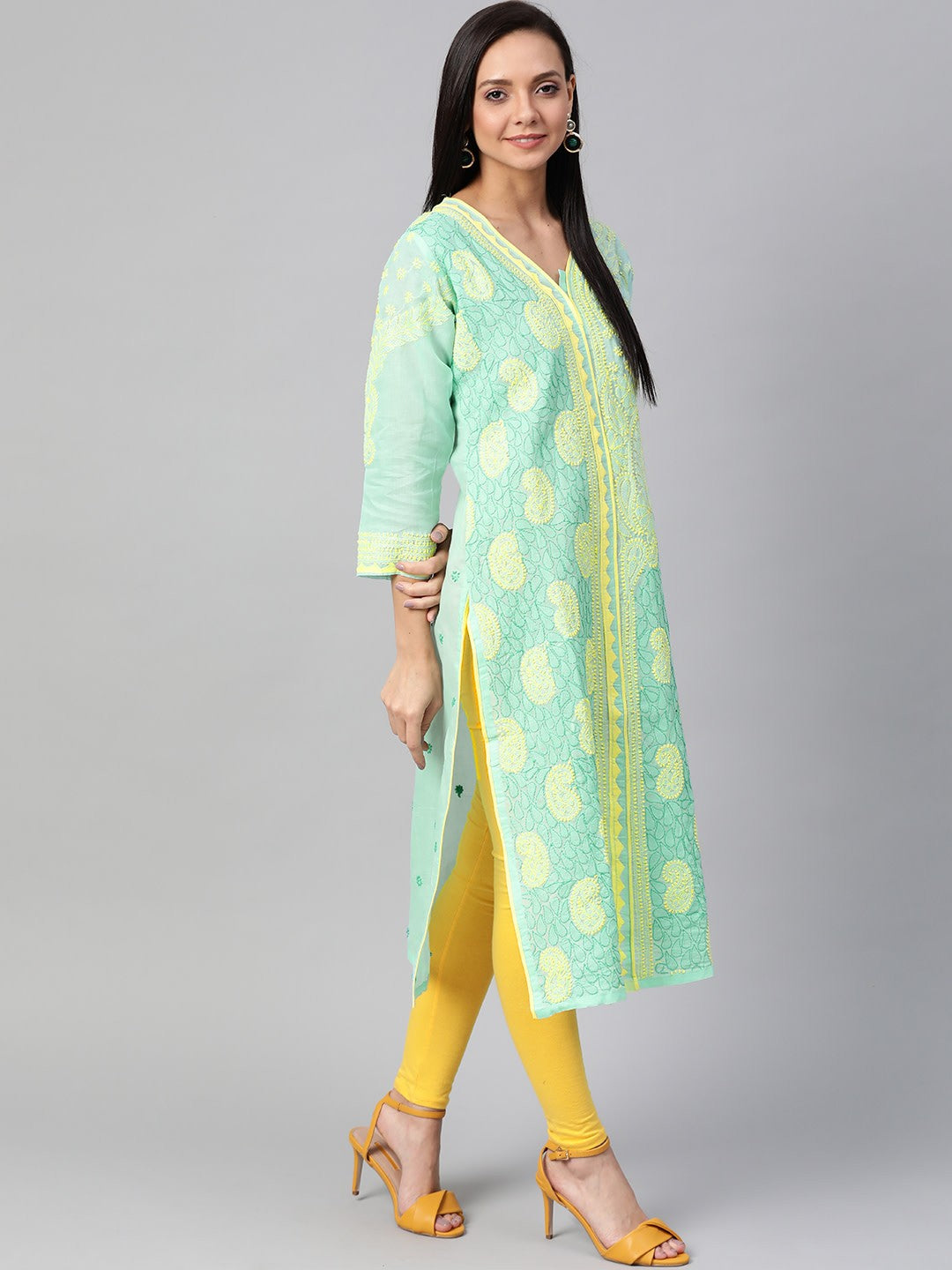 Ada Hand Embroidered Sea Green Cotton Lucknowi Chikankari Straight Kurta A100439