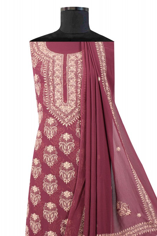 Ada Hand Embroidered Wine Pure Georgette Lucknowi Chikan Unstitched Suit Piece A59261