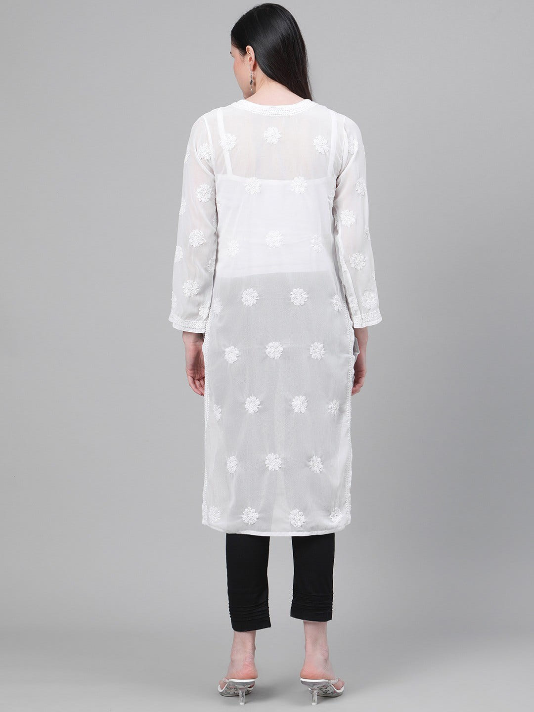 Ada Hand Embroidered White Georgette Lucknowi Chikankari Kurta Straight With Trouser Set A811146
