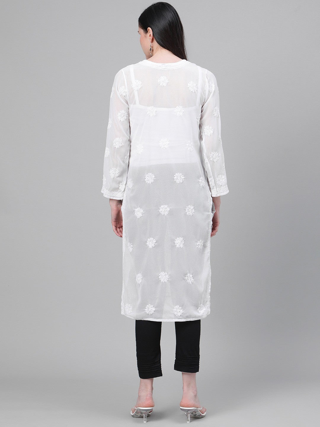 Ada Hand Embroidered White Georgette Lucknowi Chikankari Kurta Straight With Trouser Set A811146