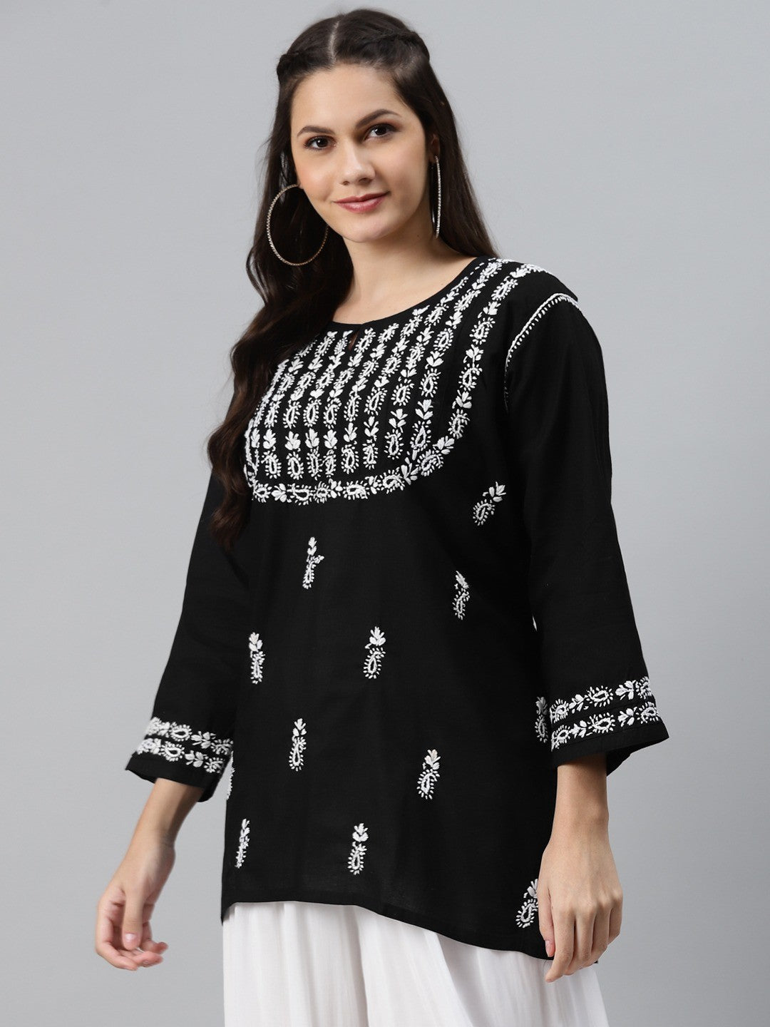 Ada Hand Embroidered Black Cotton Lucknowi Chikankari Straight Kurti- A911118