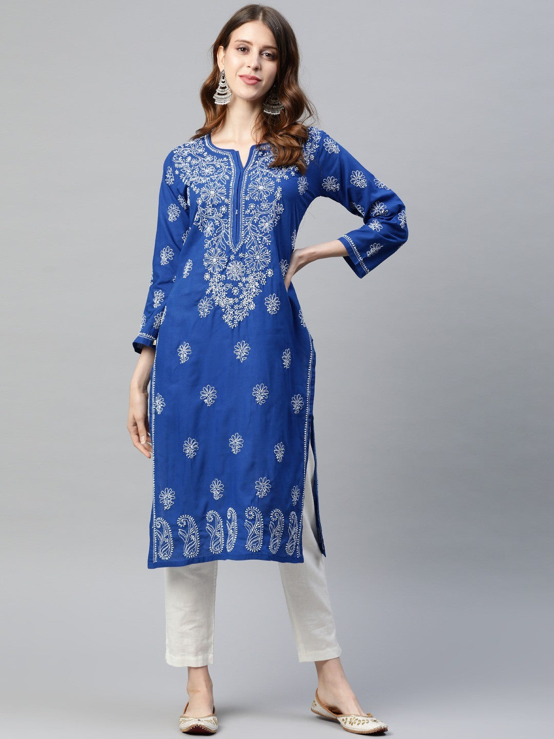 Ada Hand Embroidered Royal Blue Cotton Lucknowi Chikan straight Kurta A411190