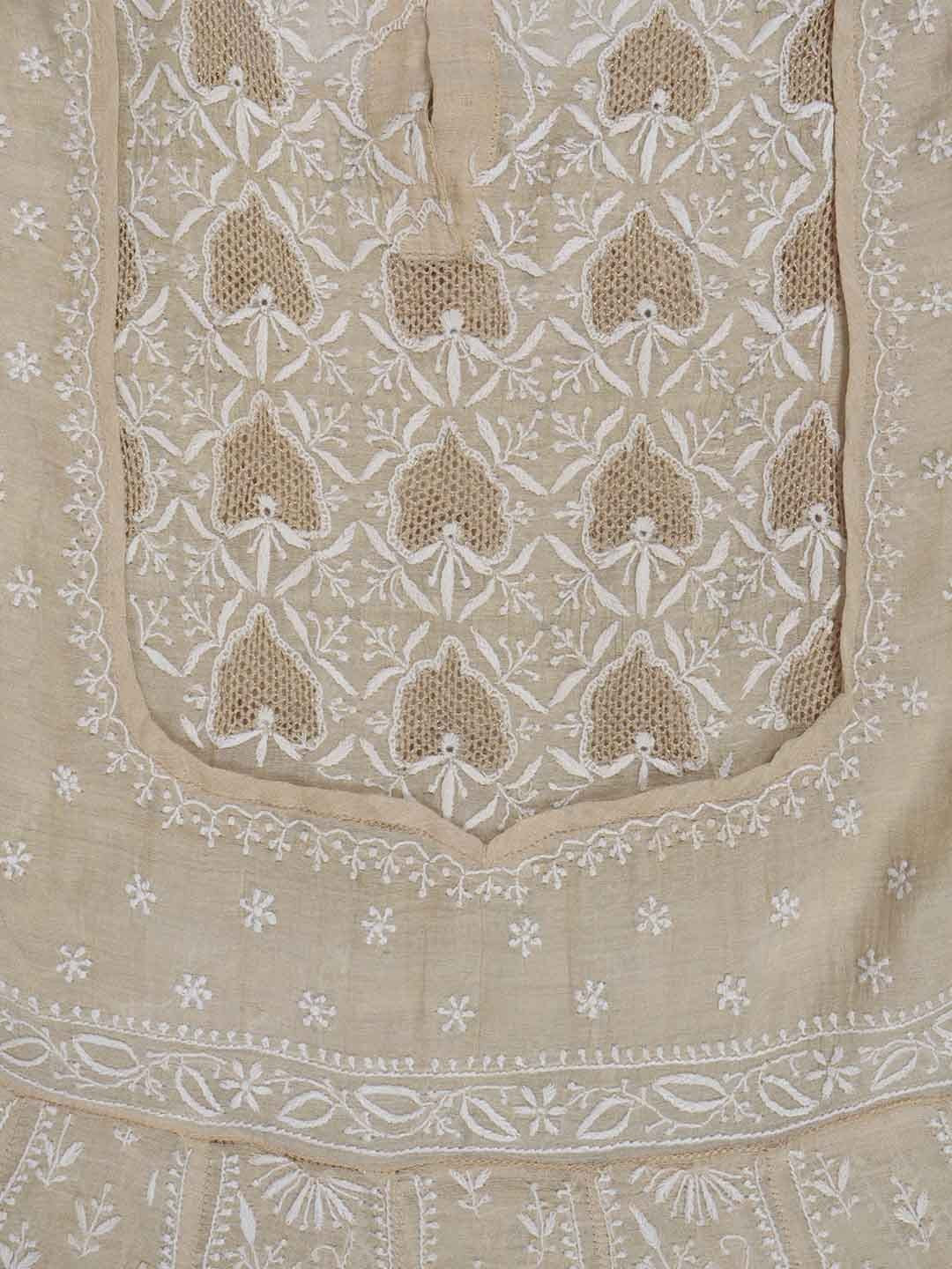 Ada Hand Embroidered Natural Fawn Tissue Lucknowi Chikankari Semi-Stitched Anarkali Kurta Dupatta Set With Zari Work 01A205793