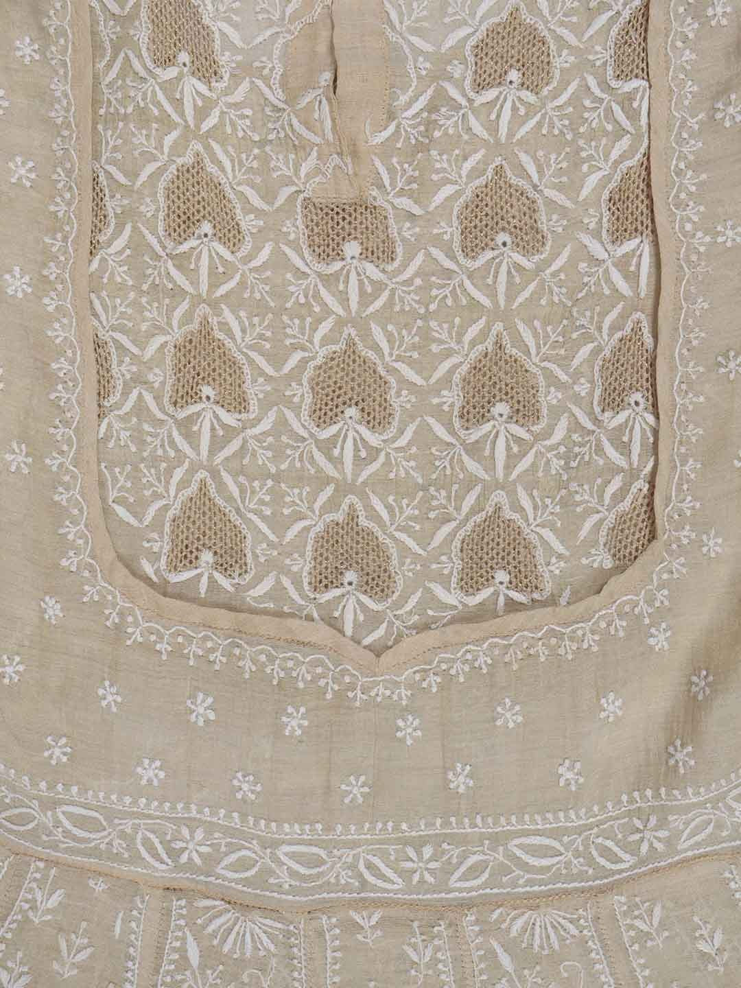 Ada Hand Embroidered Natural Fawn Tissue Lucknowi Chikankari Semi-Stitched Anarkali Kurta Dupatta Set With Zari Work 01A205793