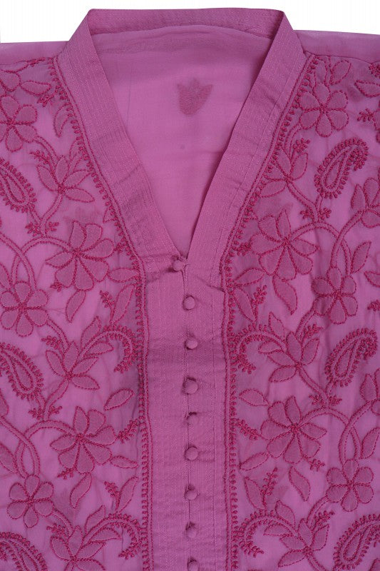 Ada Hand Embroidered Mauve Georgette Lucknowi Chikan Semi-stitched Kurta Piece A108762