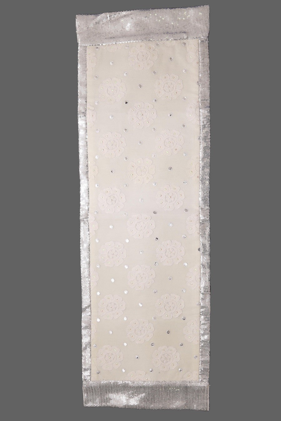Ada Hand Embroidered White Pure Georgette Lucknowi Chikankari Table Runner With Mirror Work 01A15266