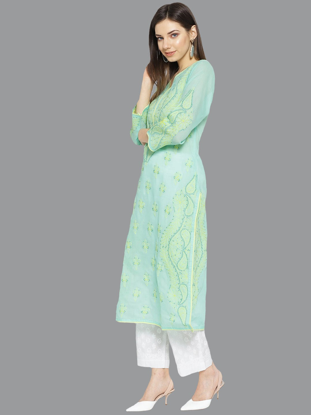 Ada Hand Embroidered Sea Green Cotton Lucknowi Chikankari Kurta with Palazzo Set A100020