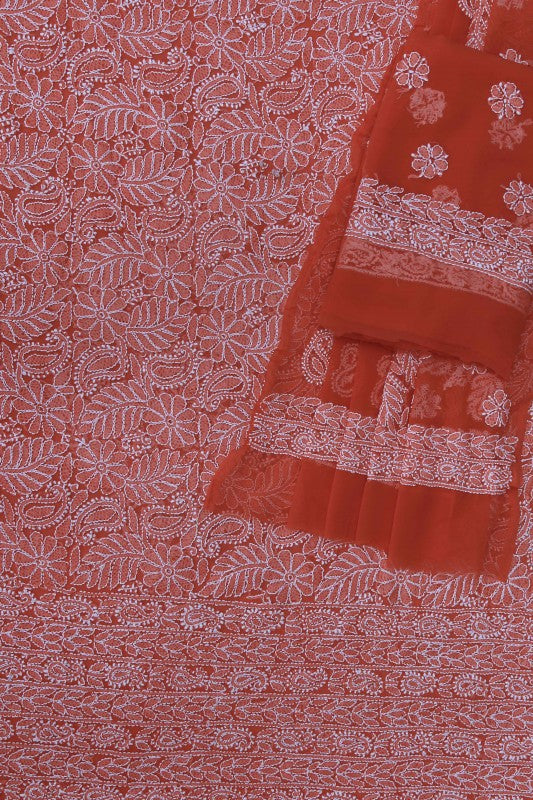 Ada Hand Embroidered Coral Red Georgette Lucknowi Chikankari Unstitched Suit Piece A612725