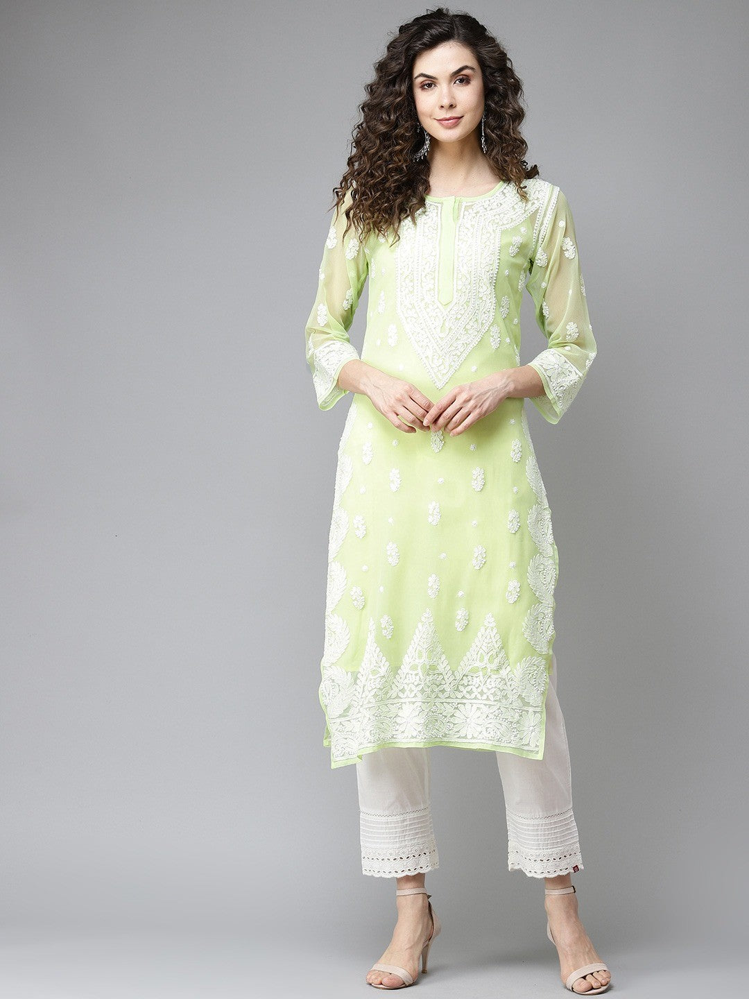 Ada Hand Embroidered Green Georgette Lucknowi Chikankari Straight Kurta With Slip A411199