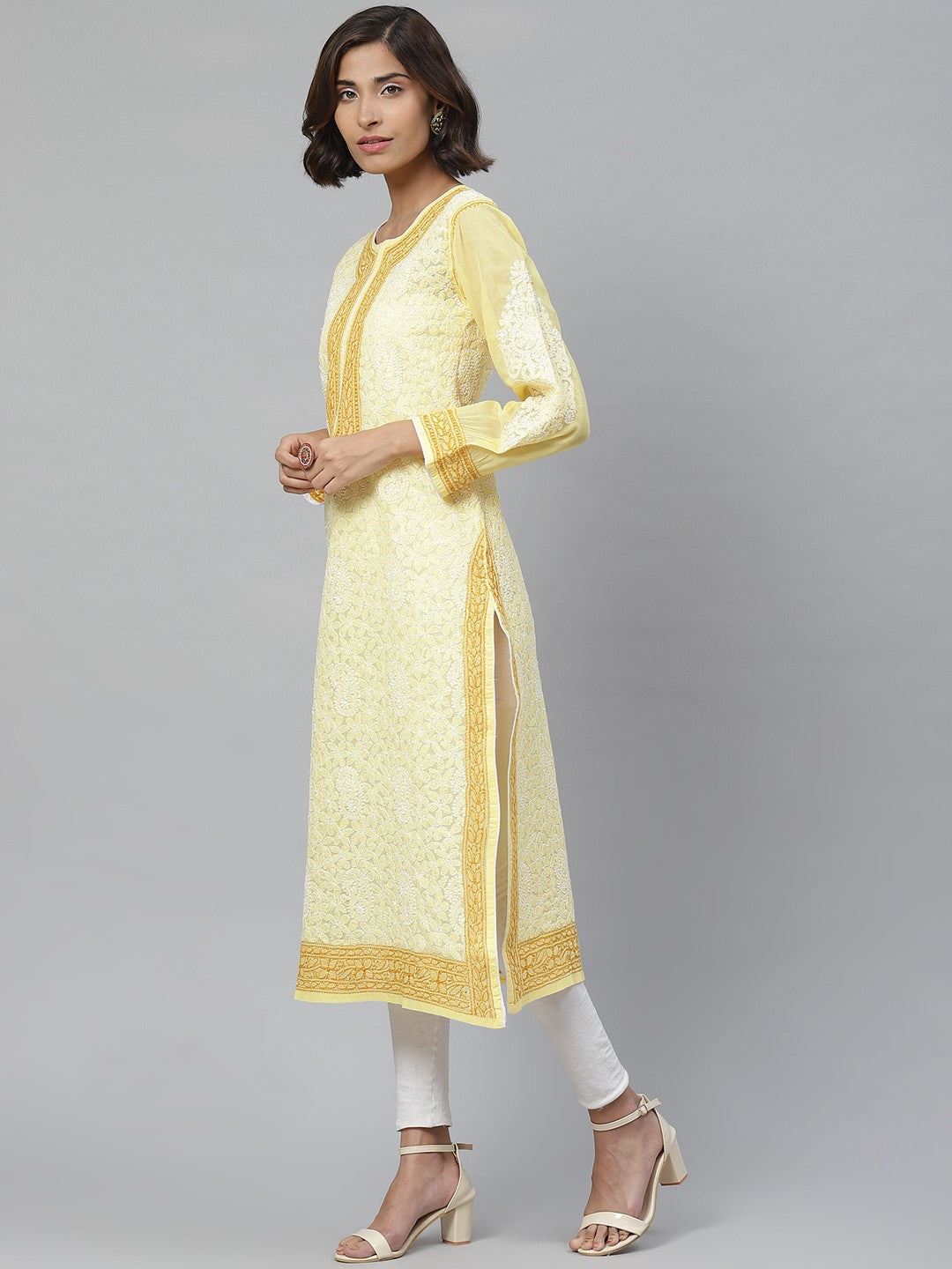Ada Hand Embroidered Yellow Cotton Lucknowi Chikankari Straight Kurta A411134