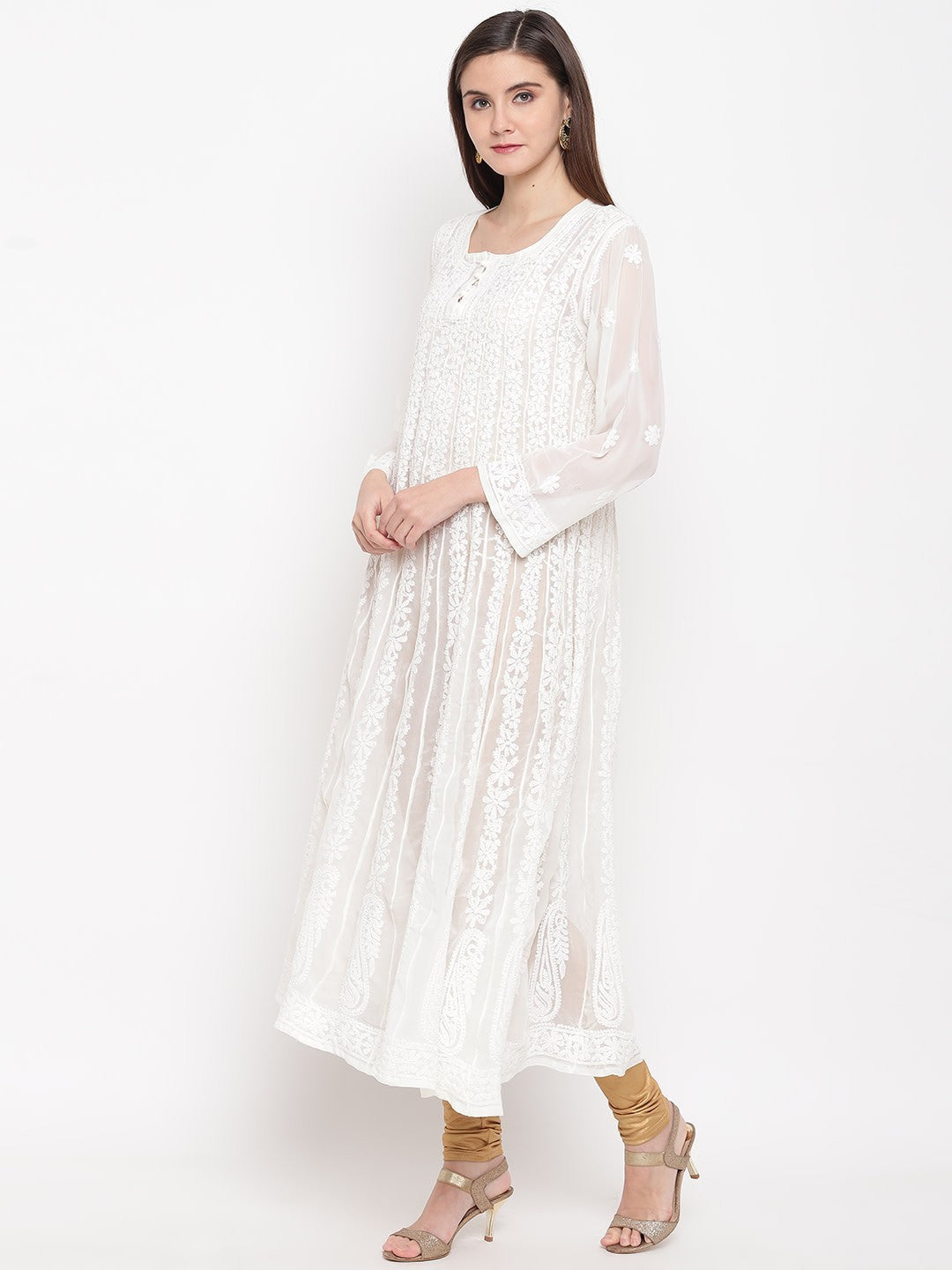 Ada Hand Embroidered White Georgette Lucknow Chikankari Anarkali A-Line Kurta A100300