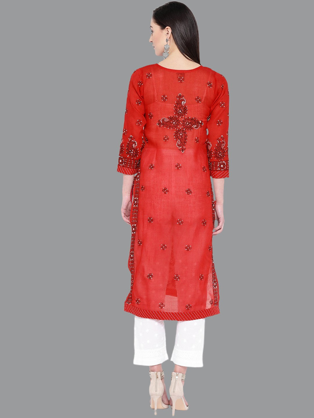 Ada Hand Embroidered Red Cotton Lucknow Chikankari Kurta with Trouser Set A100224