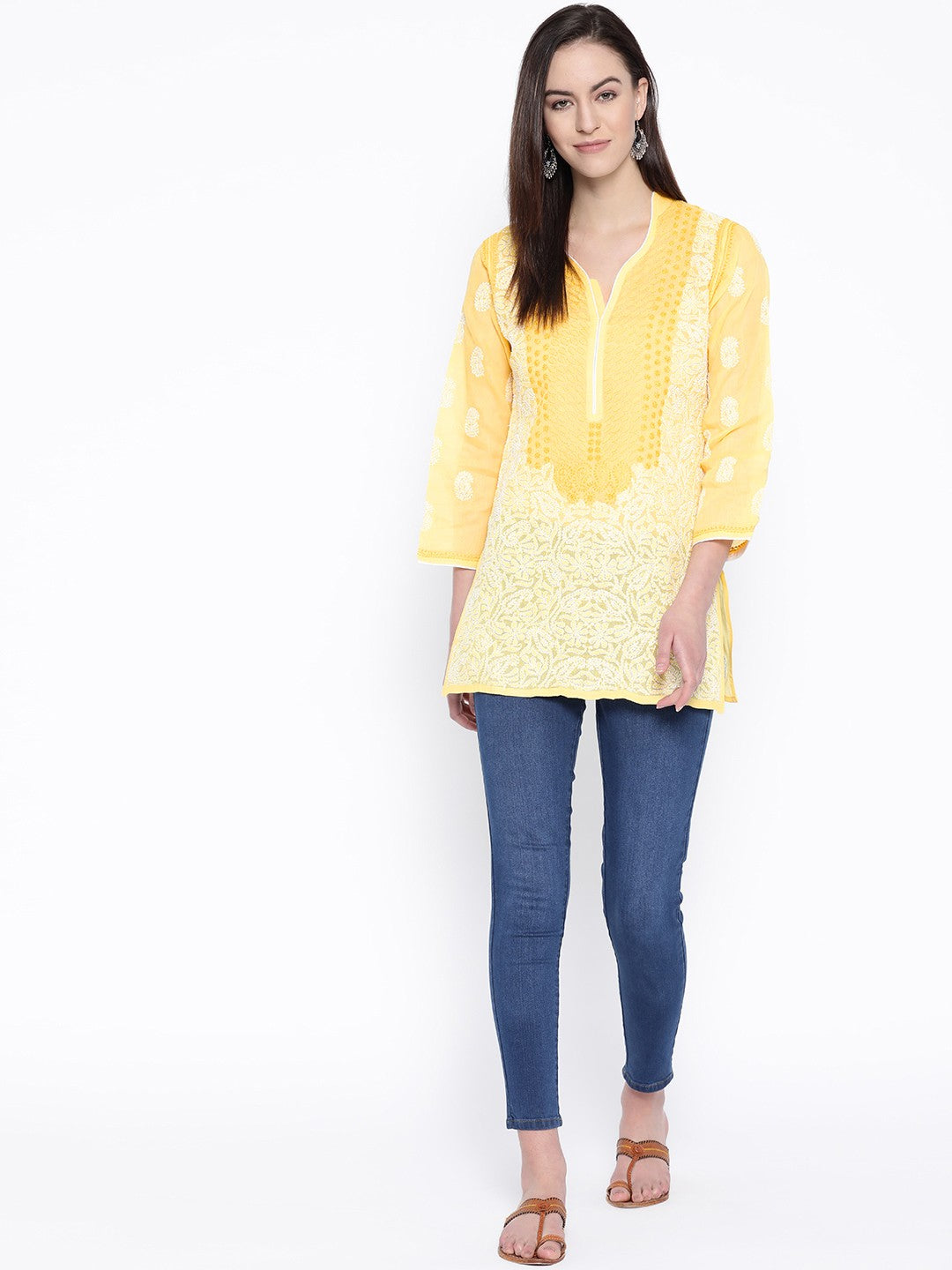 Ada Hand Embroidered Yellow Cotton Lucknow Chikan Kurti– A100222