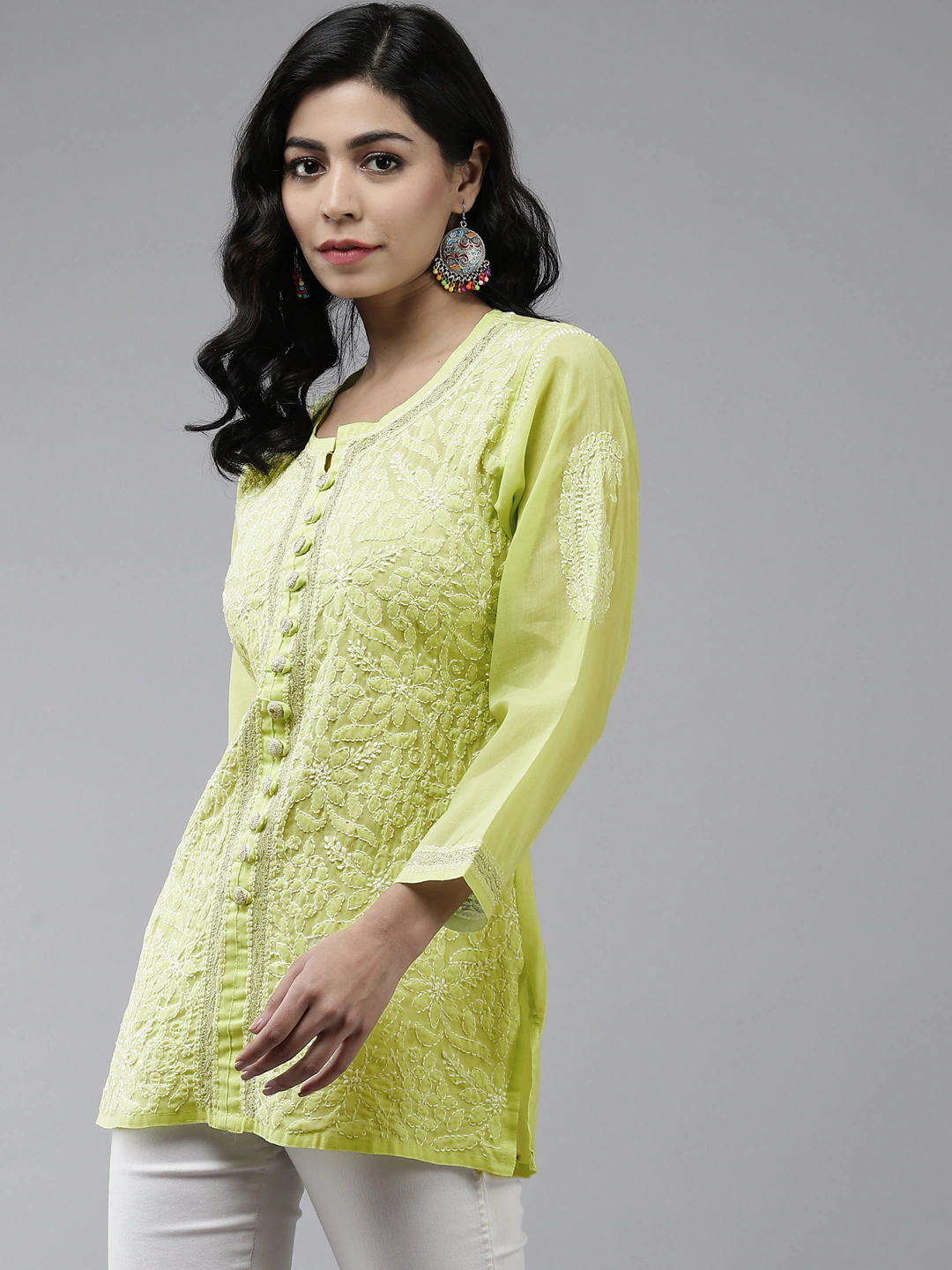 Ada Hand Embroidered Green Cotton Lucknowi Chikankari Short Kurti With Zari Work A911198