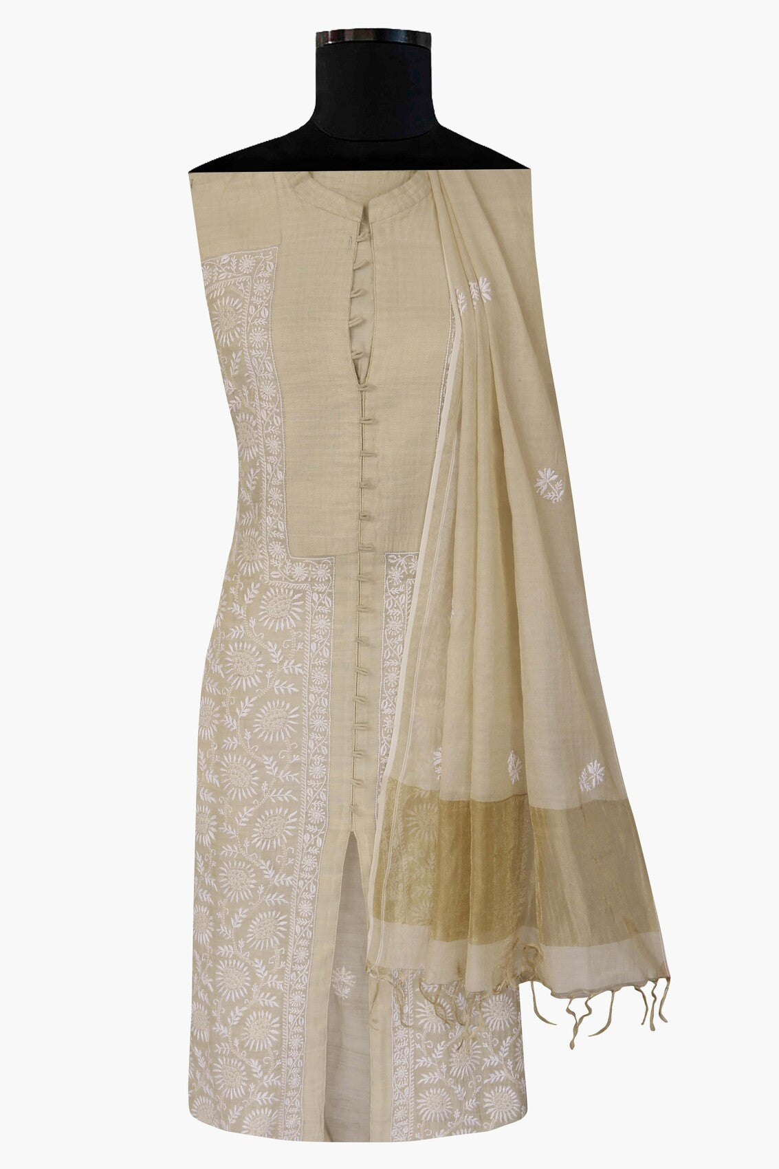 Ada Hand Embroidered Natural Fawn Tissue Lucknowi Chikankari Semi-stitched Kurta Dupatta Set A615495