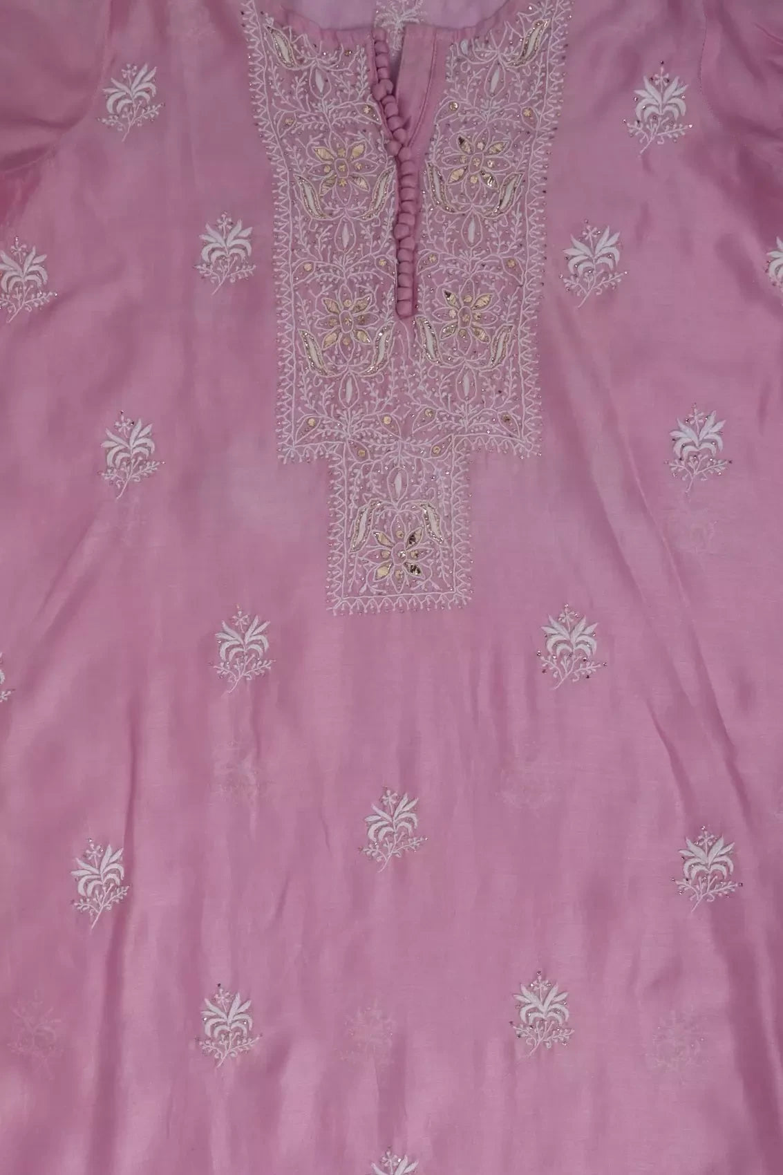 Ada Hand Embroidered Pink Chanderi Lucknowi Chikankari Unstitched Kurta Dupatta Set With Muqaish Work 01A216286