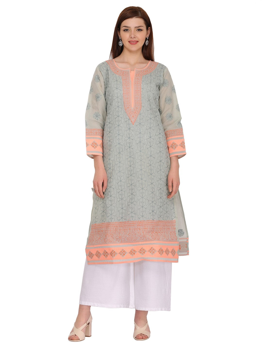 Ada Hand Embroidered Grey Cotton Lucknow Chikan Straight Kurta- A273530