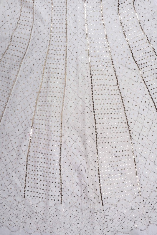 Ada Hand Embroidered White Chanderi Lucknowi Chikankari Semi-Stitched Anarkali Kurta Dupatta Set With Muqaish Work 01A156455