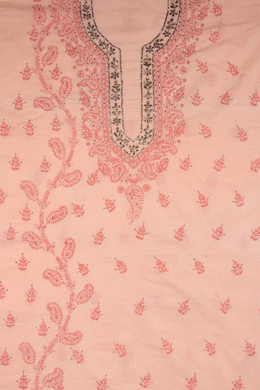 Ada Hand Embroidered Peach Cotton Lucknowi Chikan Unstitched Kurta Piece With Muqaish Work A281435