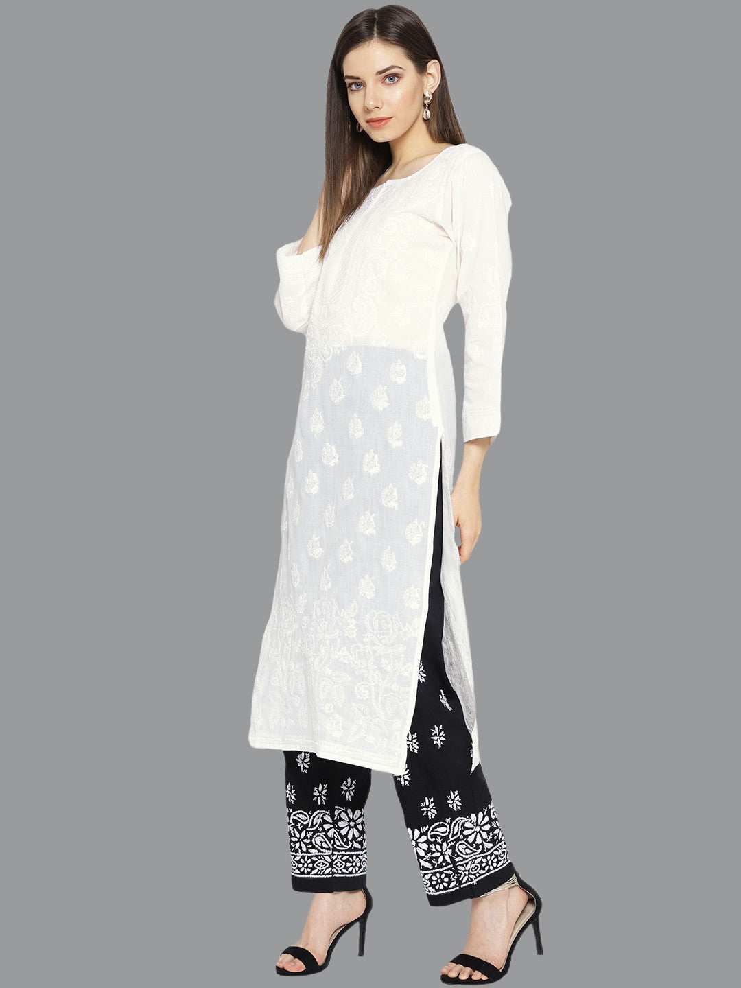 Ada Hand Embroidered White Cotton Lucknowi Chikankari Straight Kurta With Palazzo Set A100015