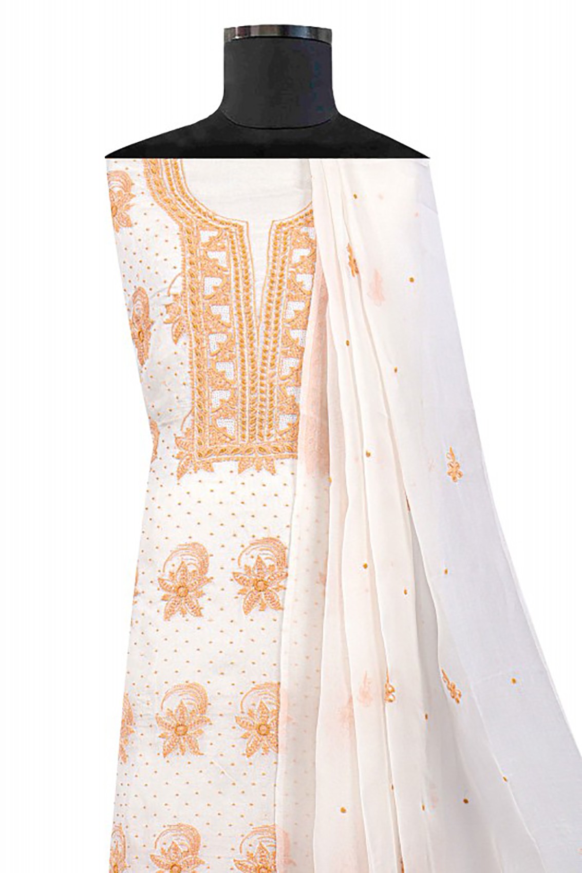 Ada Hand Embroidered Cream Organza Lucknowi Chikankari Unstitched Suit Piece With Pearl Work A586210