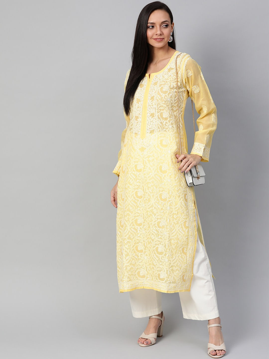 Ada Hand Embroidered Yellow Cotton Lucknowi Chikankari Straight Kurta A100538