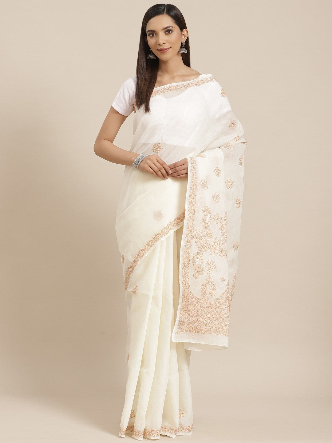 Ada Hand Embroidered Cream Cotton Lucknow Chikan Saree With Blouse- A311156