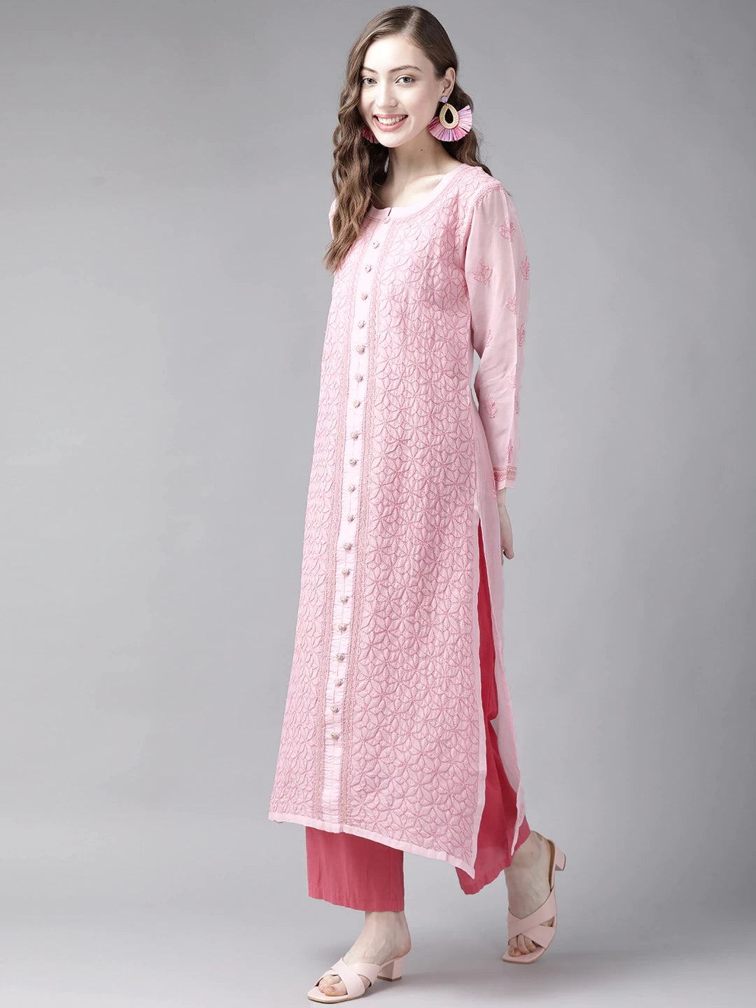 Ada Hand Embroidered Pink Cotton Lucknow Chikan Kurta A411244