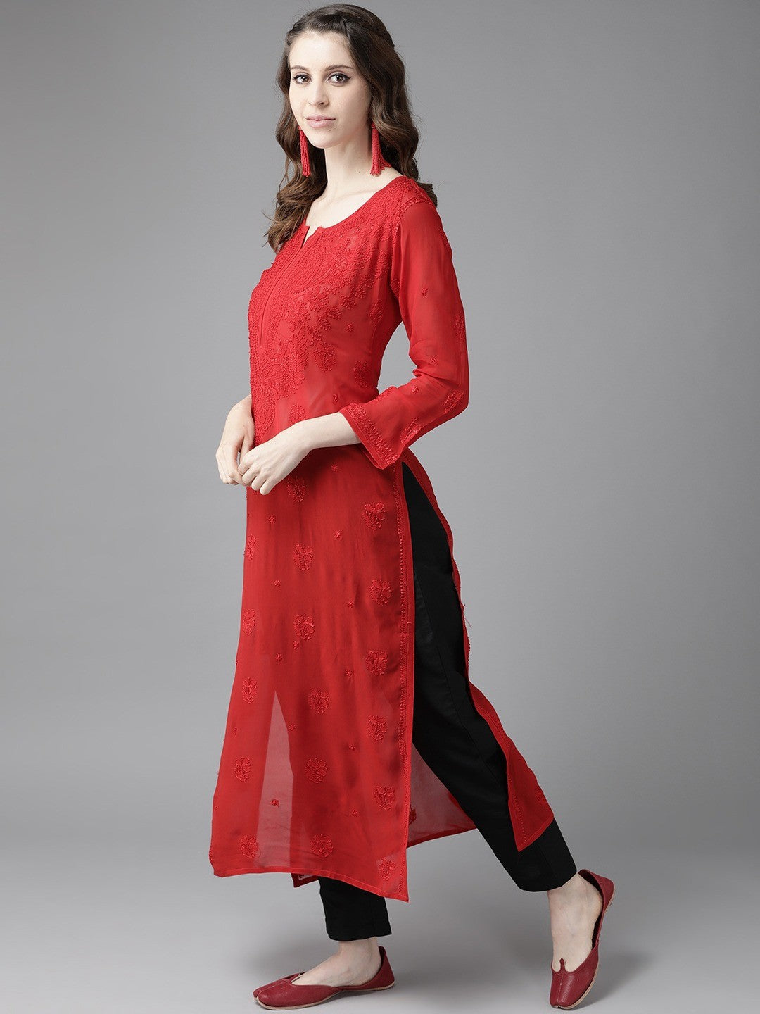 Ada Hand Embroidered Red Georgette Lucknowi Chikan Straight Kurta A411184