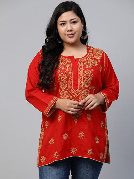 Ada Hand Embroidered Red Cotton Lucknowi Chikankari Straight Kurti A250381