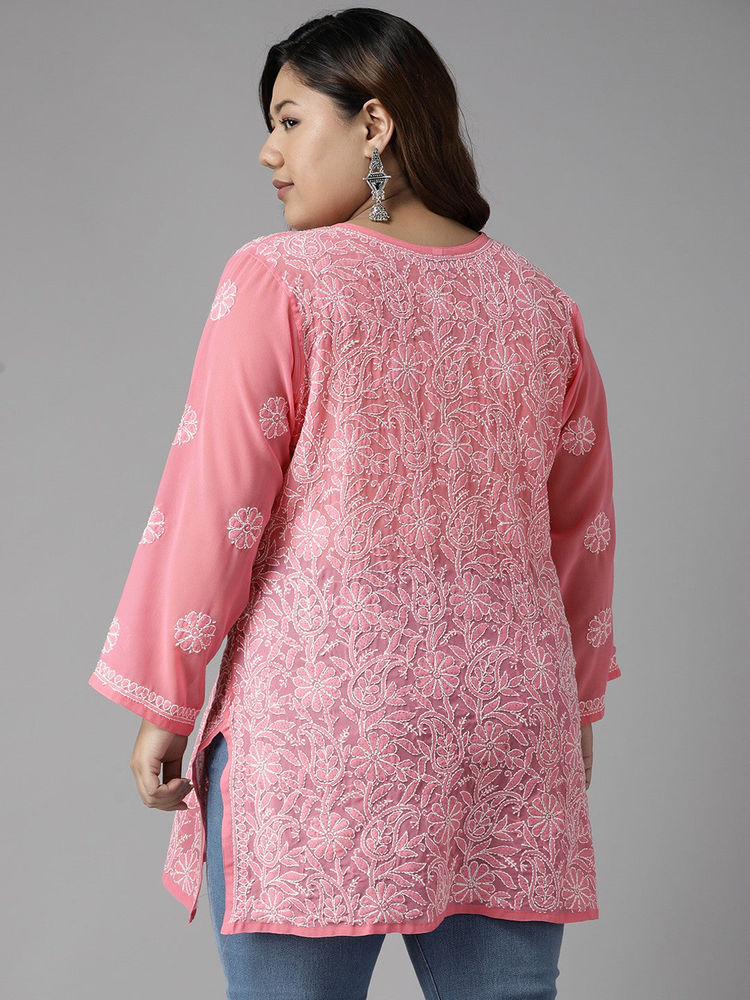 Ada Hand Embroidered Rose Pink Georgette Lucknowi Chikankari Straight Kurti A911225