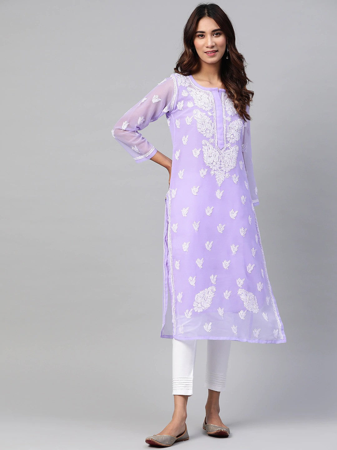 Ada Hand Embroidered Mauve Georgette Lucknowi Chikankari Kurta Set With Slip A811163