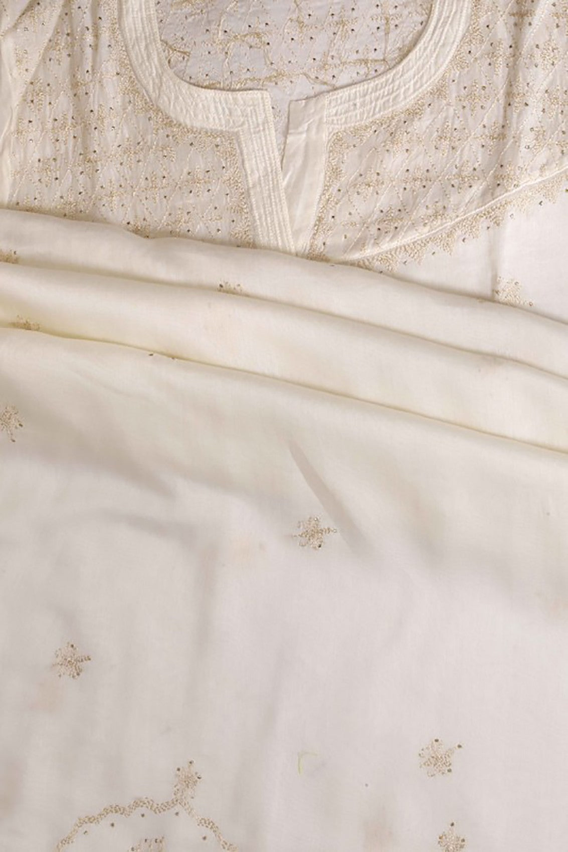Ada Hand Embroidered Cream Chanderi Lucknowi Chikankari Semi-stitched Kurta Dupatta Set With Muqaish Work A577228