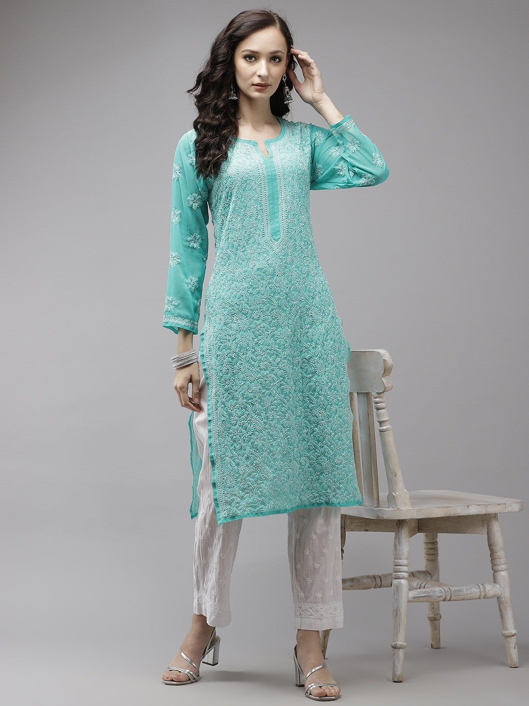 Ada Hand Embroidered Sea Green Georgette Lucknowi Chikankari Kurta Set A811215