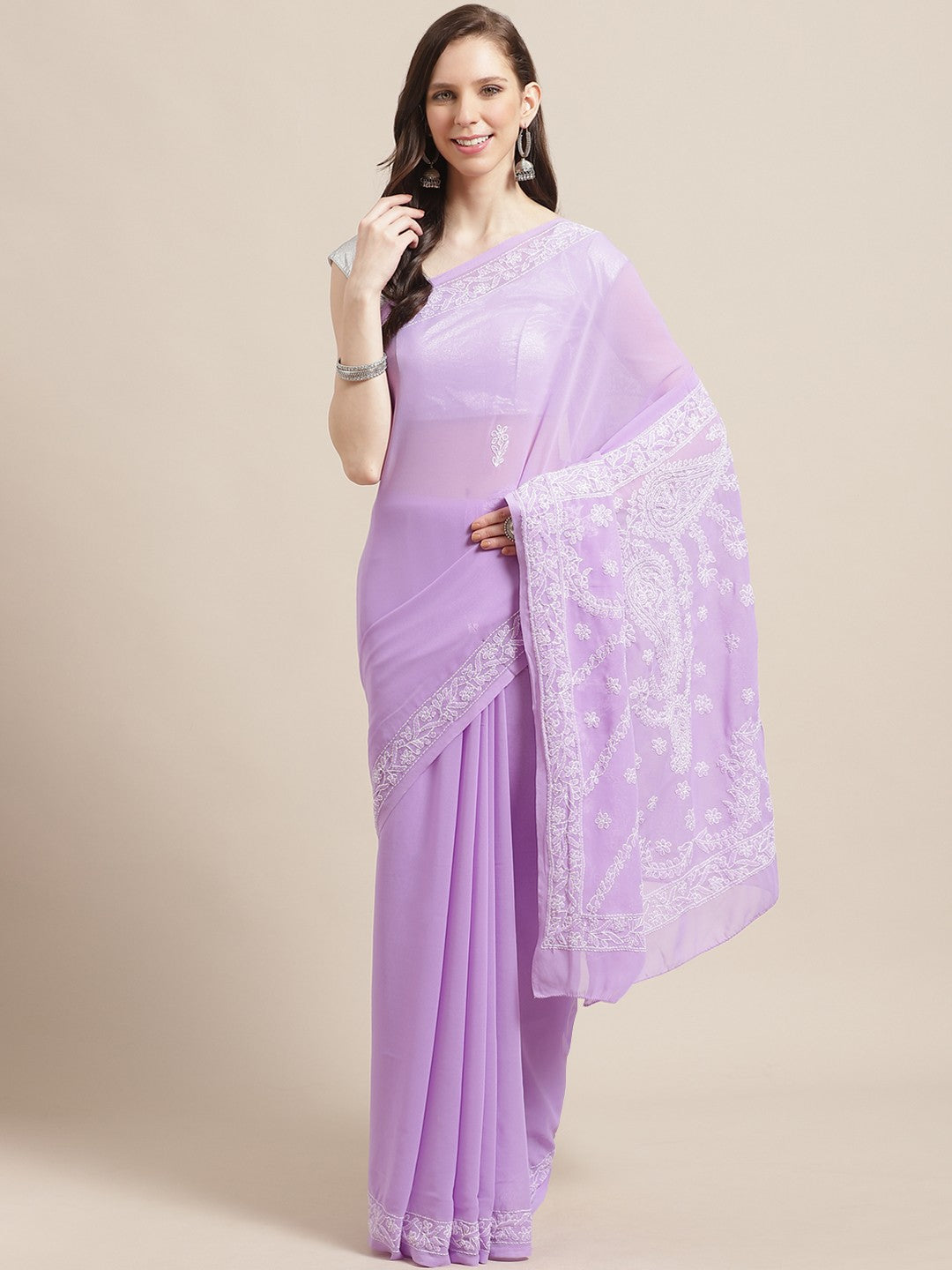 Ada Hand Embroidered Mauve Georgette Lucknowi Chikankari Saree with Blouse A183248