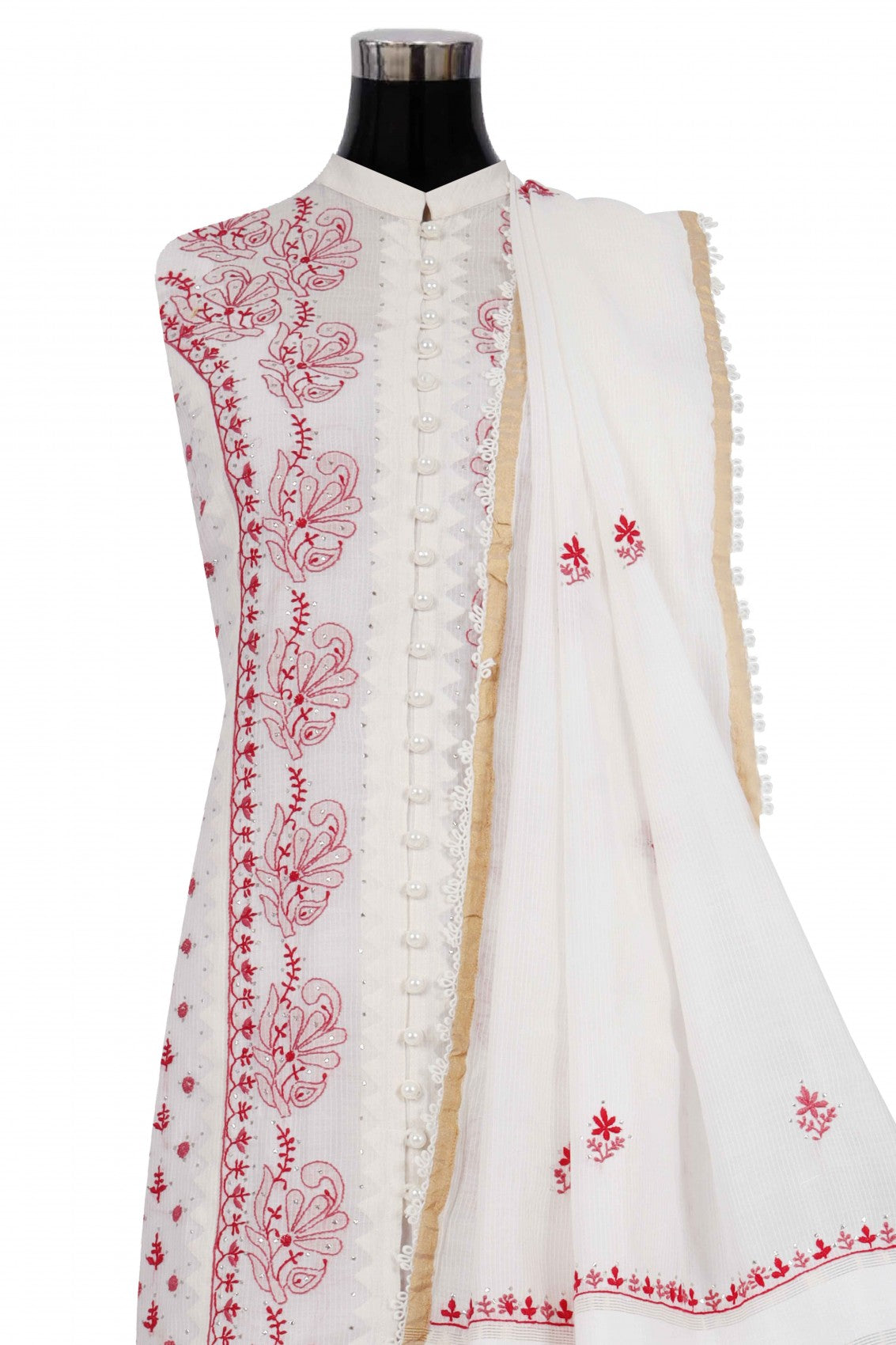 Ada Hand Embroidered Off White Chanderi Lucknowi Chikankari Semi-Stitched Kurta Dupatta Set With Muqaish Work A176636