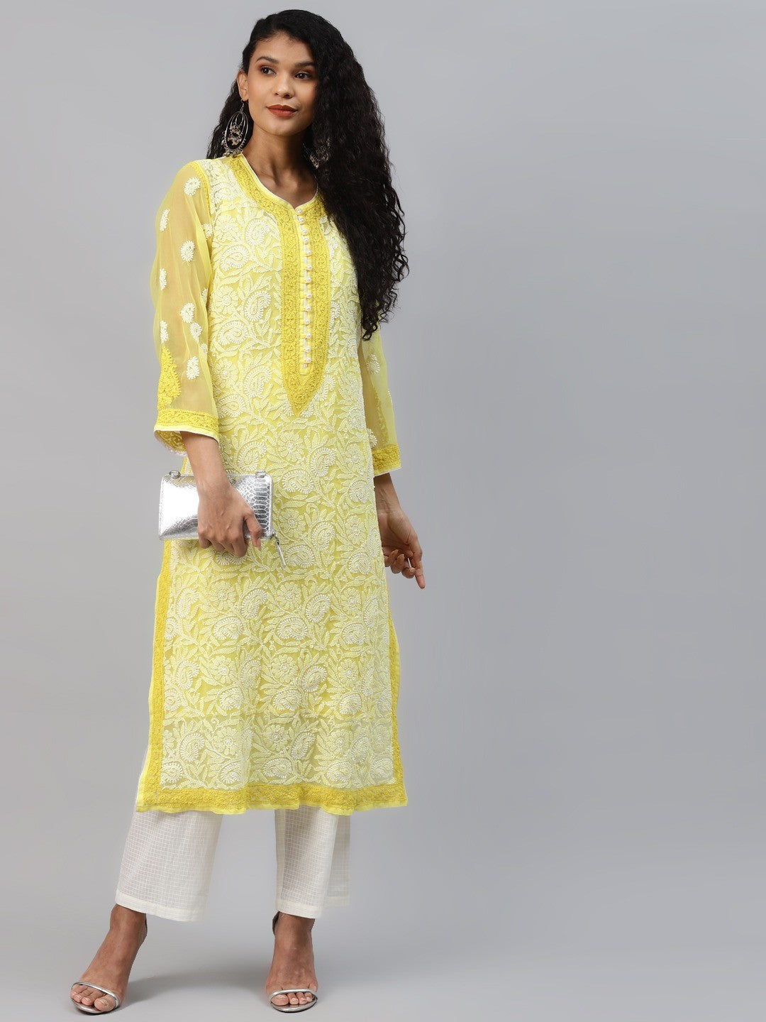 Ada Hand Embroidered Yellow Georgette Lucknow Chikankari Kurta with Slip A223986