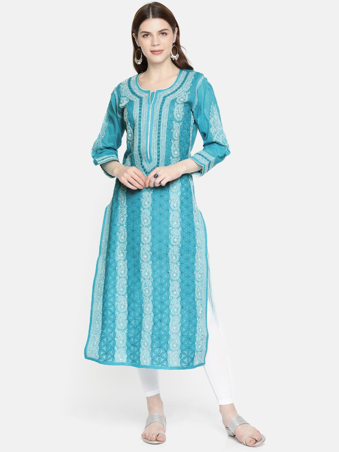 Ada Hand Embroidered Blue Cotton Lucknowi Chikankari Straight Kurta A230766
