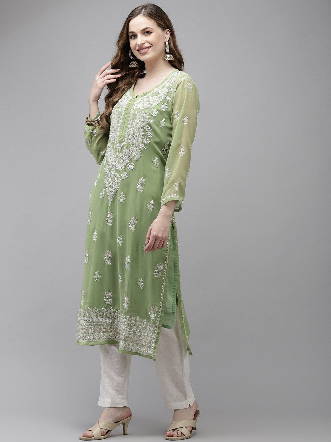 Ada Hand Embroidered Green Georgette Lucknow Chikan Kurta/Slip with Gota Patti Work A411355