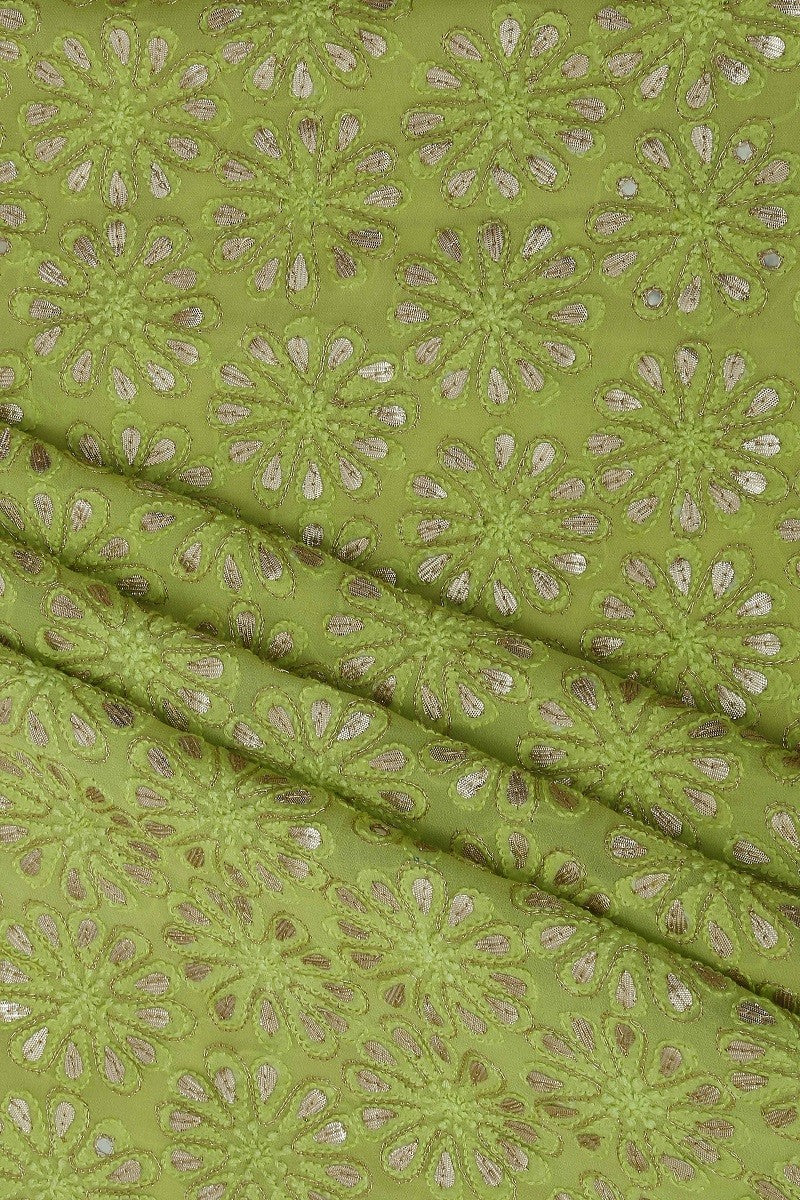 Ada Hand Embroidered Lime Green Georgette Lucknowi Chikan Unstitched Kurta Dupatta With Gota Patti Work–A603525