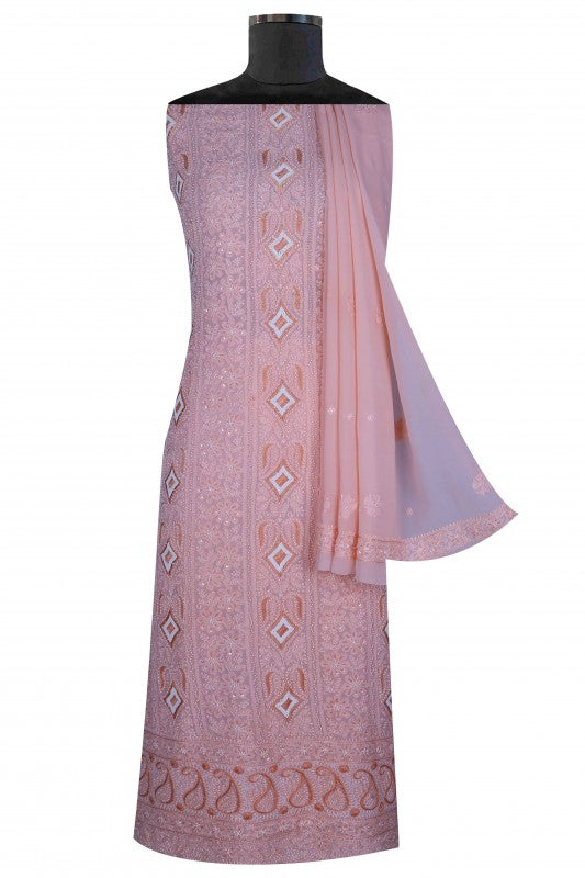 Ada Hand Embroidered Peach Georgette Lucknowi Chikankari Unstitched Kurta Dupatta Set With Pearl Work A586225