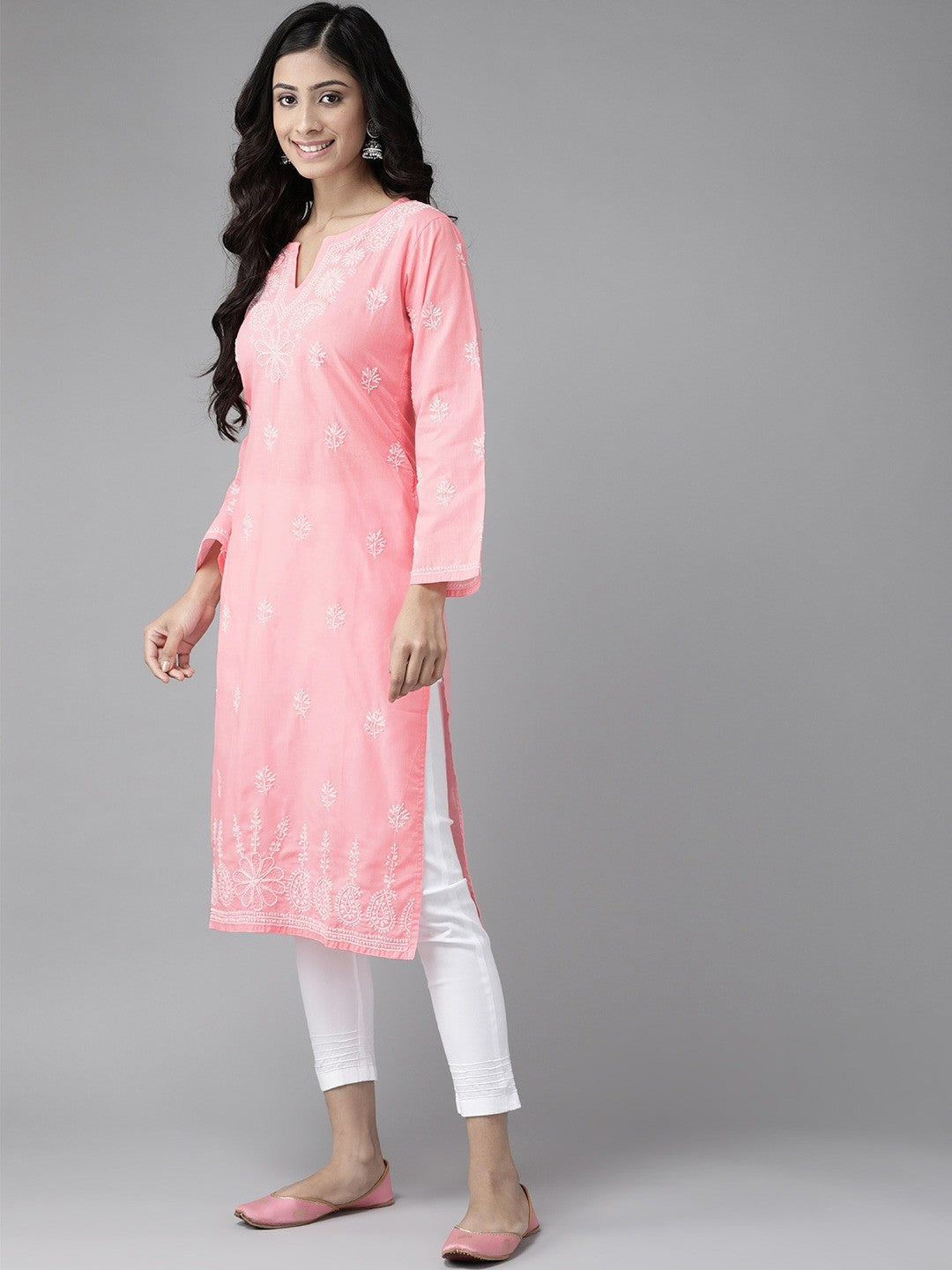 Ada Hand Embroidered Peach Cotton Lucknowi Chikankari Kurta Set A811169