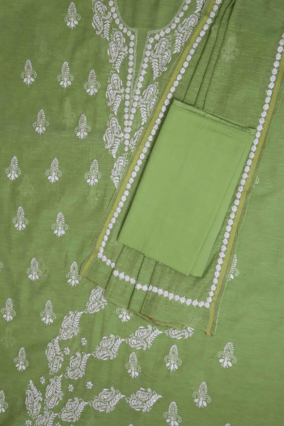 Ada Hand Embroidered Pear Green Khadi Lucknowi Chikankari Unstitched Suit Piece With Muqaish Work 01A10300